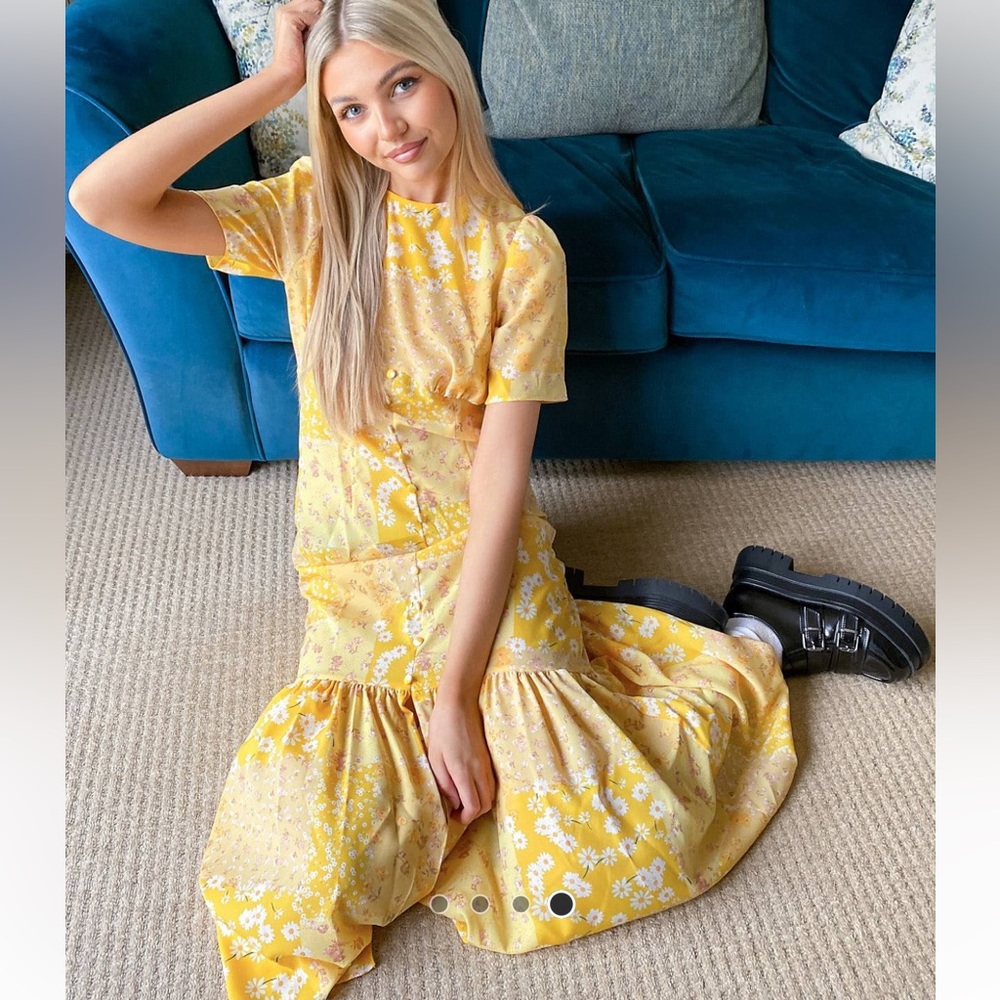 ASOS DESIGN PEPHEM MIDI TEA DRESS IN YELLOW FLORAL PRINT